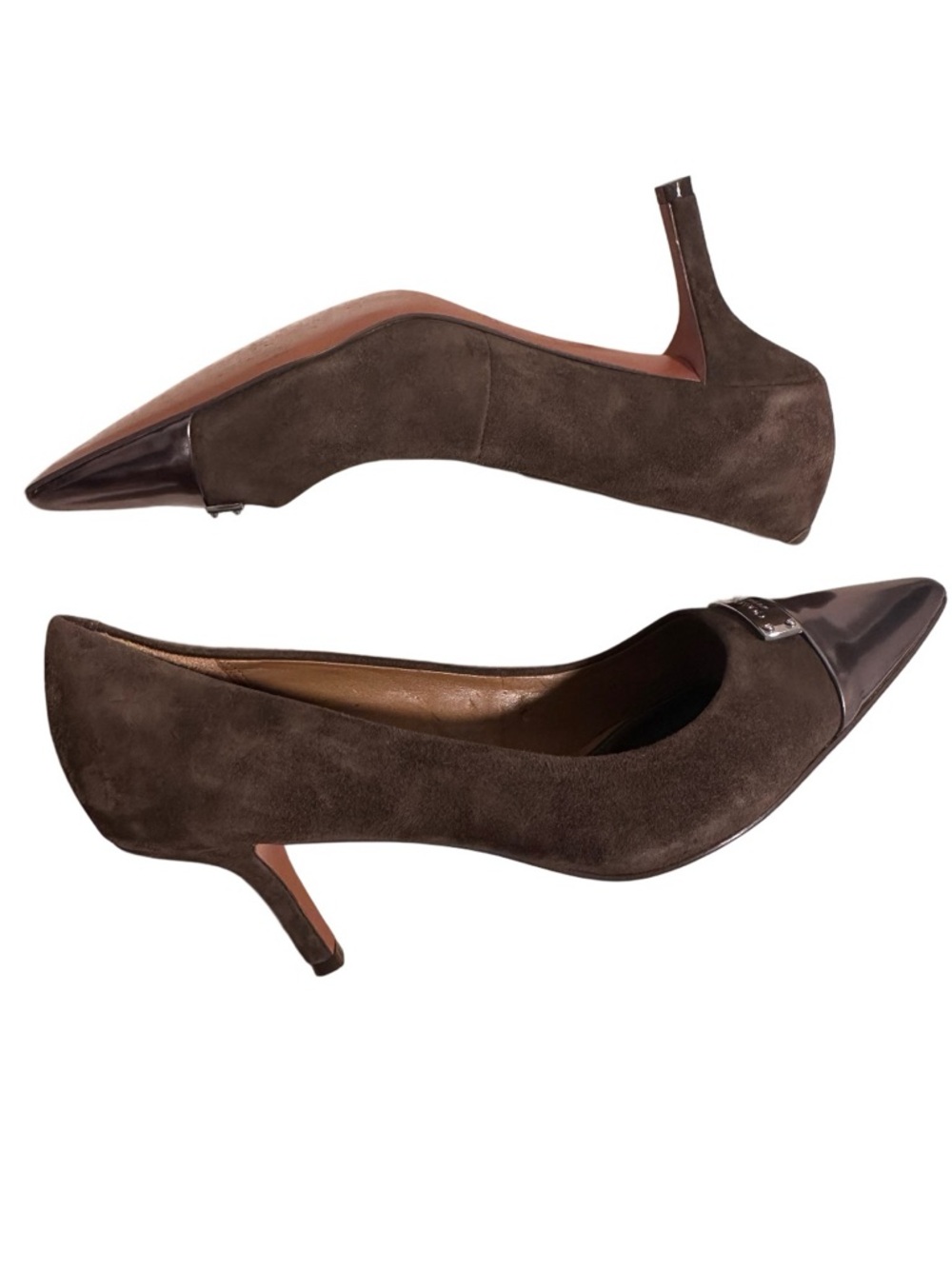 COACH Zan Brown Suede Metallic Cap Toe Pointed Pumps Heels Silver - Size 9B GUC - Picture 8 of 17